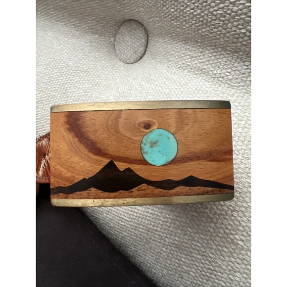 Wood Turquoise Brass Inlay Landscape Buckle Lizard  Belt Hippie Vtg Sky West 34 - Picture 3 of 11